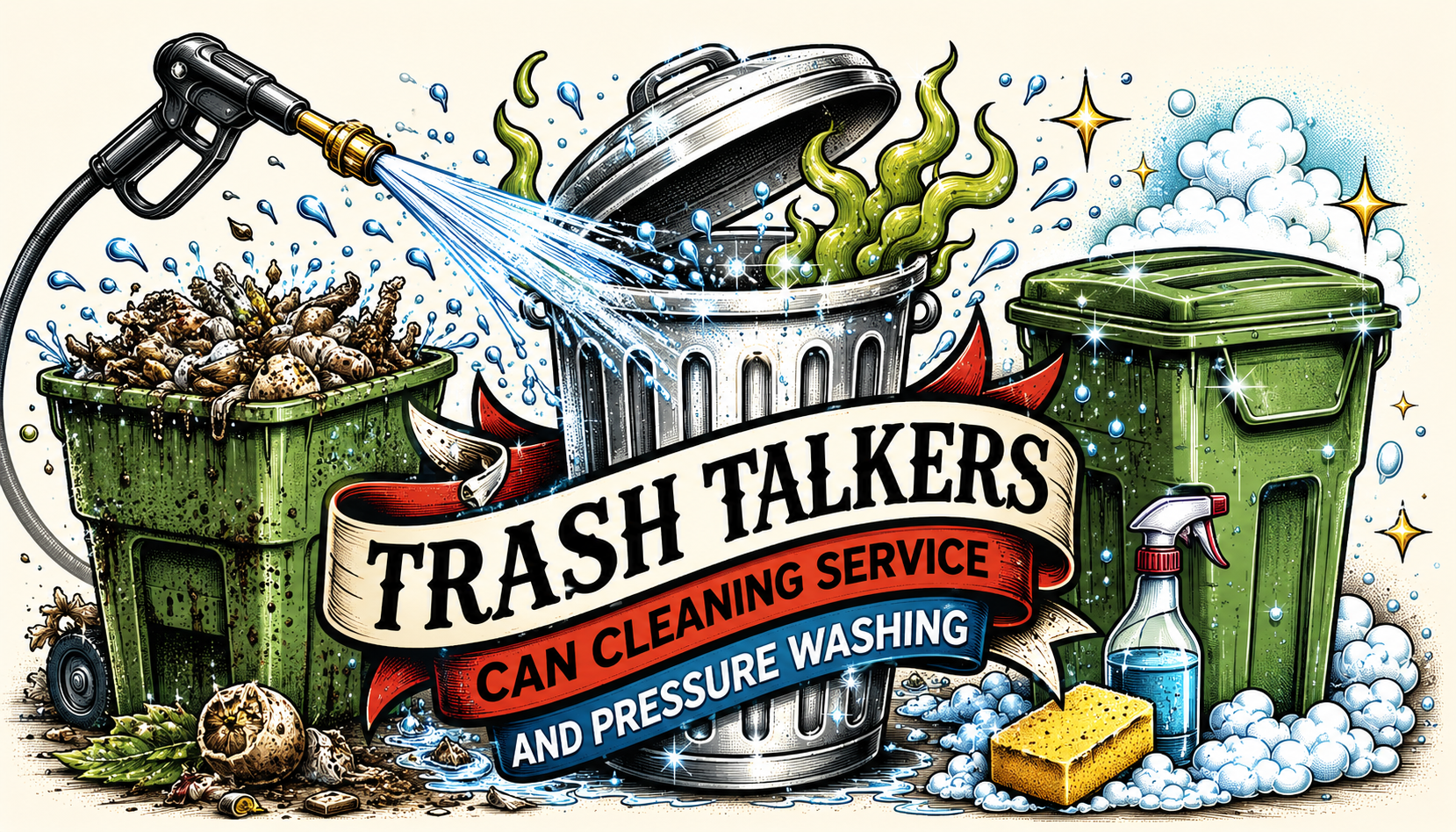 Trash Talkers — American traditional tattoo banner with before-and-after trash cans
