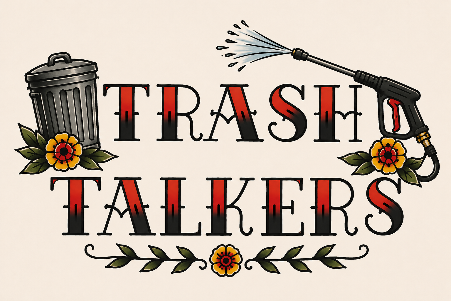 Trash Talkers — illustrated logo: trash can with pressure-washer nozzle, vintage tattoo style with floral accents